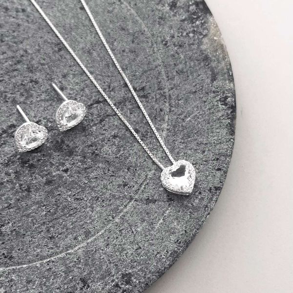 Conjunto Coração Cravejado Cristal Prata 925