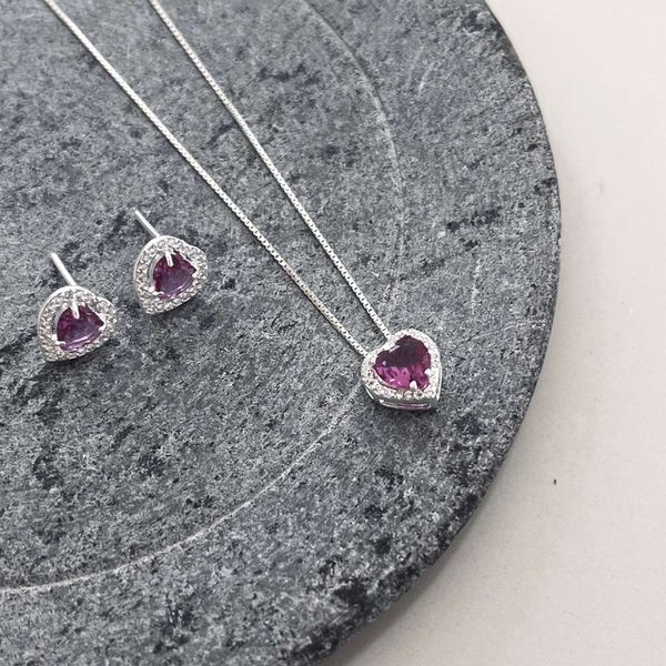 Conjunto Coração Cravejado Roxo Prata 925