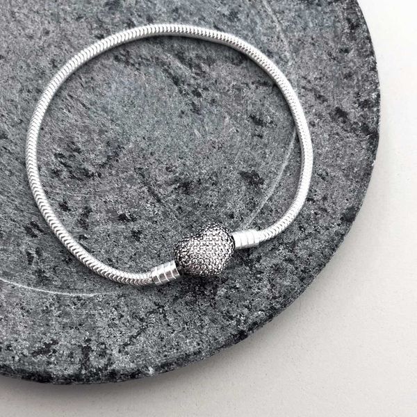 Pulseira Para Berloque Fecho Coração Cravejado 17 Cm Prata 925