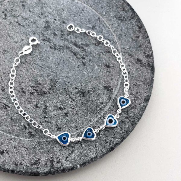 Pulseira Olho Grego Coração Azul Blu Prata 925