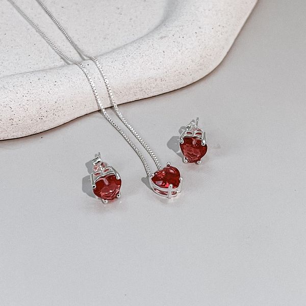 Conjunto Coração Rubi Prata 925 