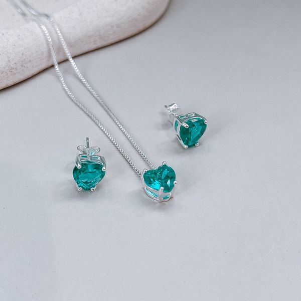 Conjunto Coração Verde Esmeralda Prata 925 