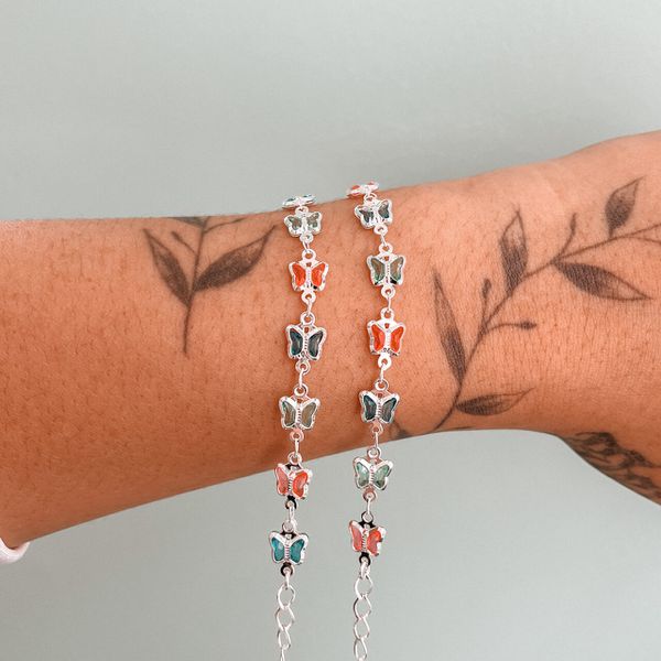 Pulseira Infantil Borboletas Coloridas Prata 925