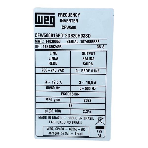 Inversor De Frequencia 5cv 16A 220Vca Trif Weg CFW500 