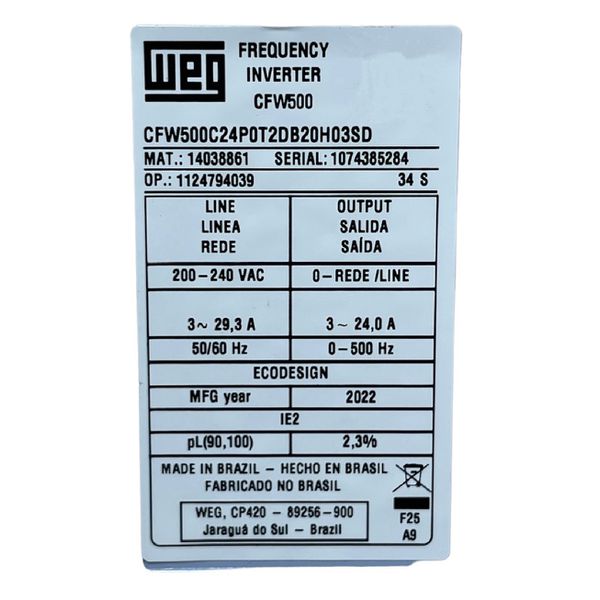 Inversor De Frequencia 7,5cv 24A 220Vca Trif Weg CFW500