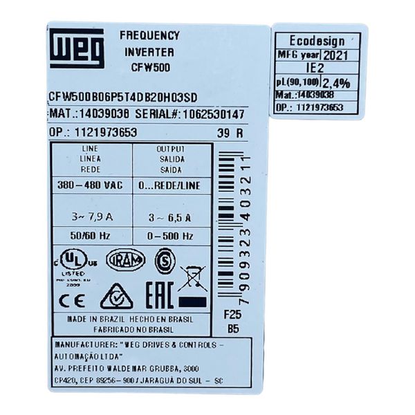Inversor De Frequencia 3cv 6,5A 380Vca Trif Weg CFW500 IGBT