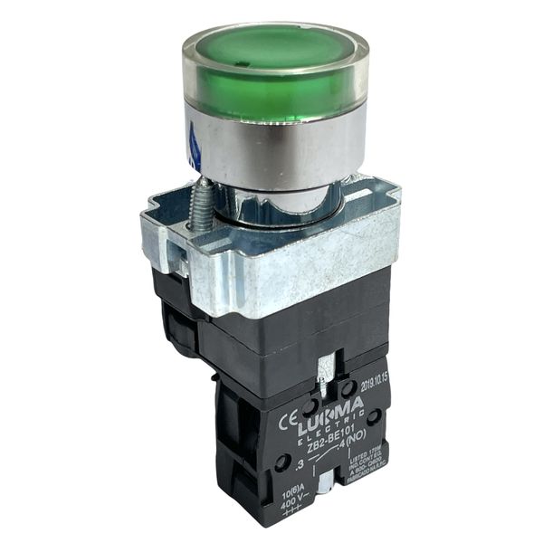 Botão Faceado Metálico Iluminado Verde 22mm 1na 220V