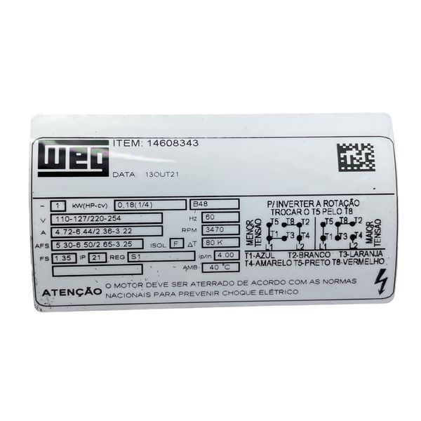 Motor Elétrico Monofásico Weg 1/4CV 2 Polos 3600RPM 127/220V Carcaça B48