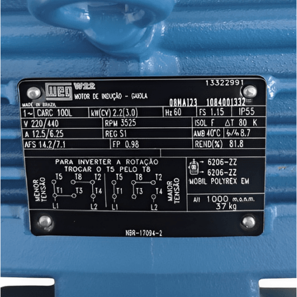 Motor Monofásico 3Cv 2P 220/440V Carcaça 100L 60Hz 3600 Rpm