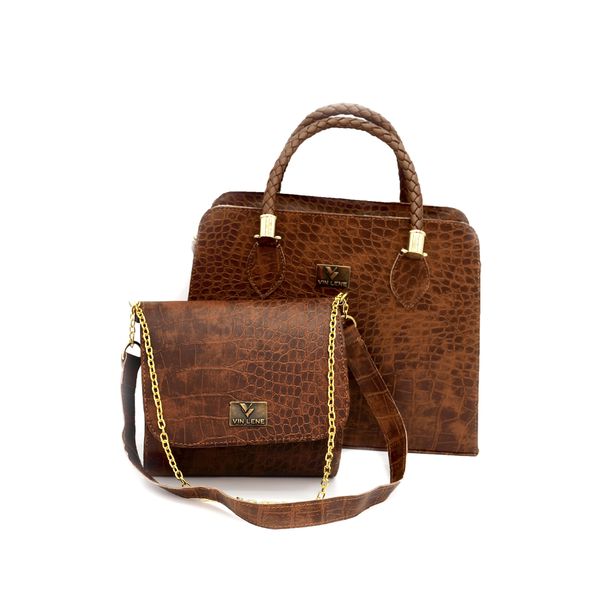 KIT DE BOLSA ESTILO BAÚ TRANSVERSAL CROCO MARROM-VINLENE