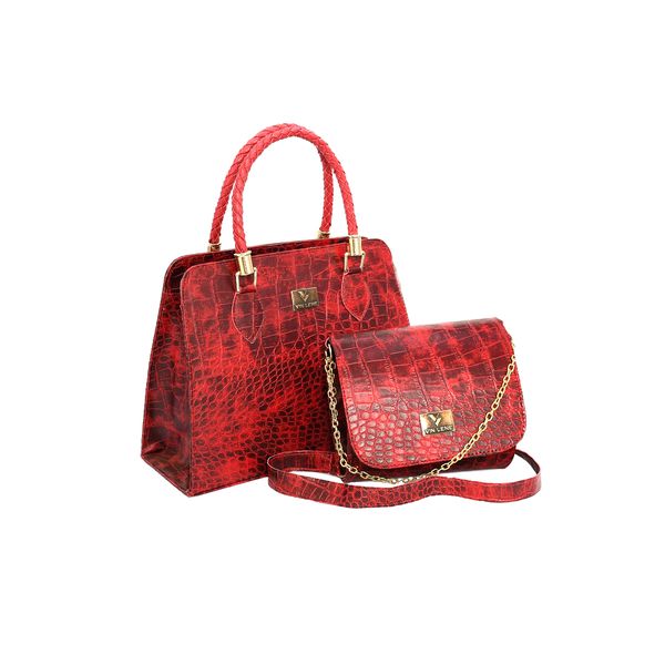 KIT DE BOLSA ESTILO BAÚ TRANSVERSAL CROCO VERMELHA-VINLENE