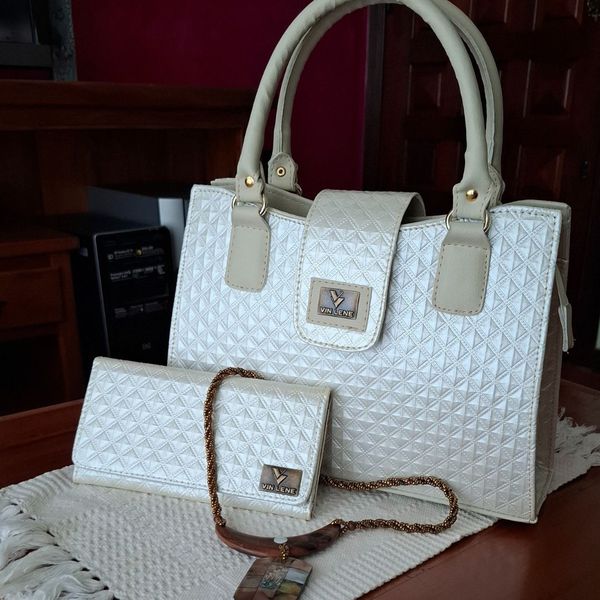 KIT BOLSA LUXO FEMININA ESTILO PASTA MARFIM+UMA CARTEIRA-VINLENE