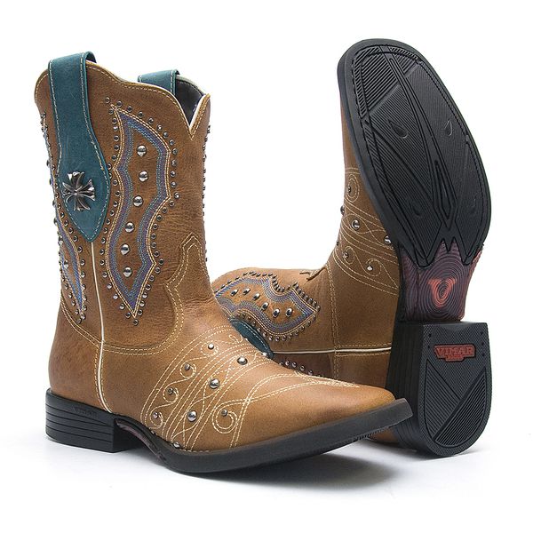 Bota Texana Feminina - Dallas Bambu / Dallas Celeste - Roper - Bico Quadrado - Cano Curto - Solado Freedom Flex - Vimar Boots - 13091-B-VR