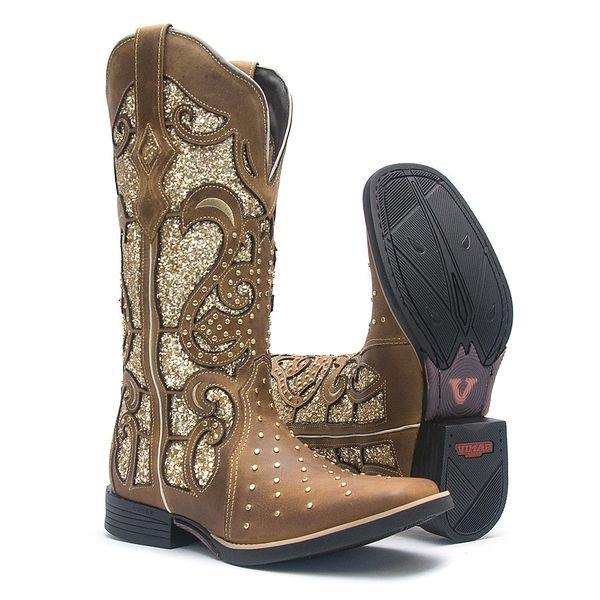 Bota Texana Feminina - Dallas Bambu / Glitter Max Ouro - Roper - Bico Quadrado - Cano Longo - Solado Freedom Flex - Vimar Boots - 13102-B-VR