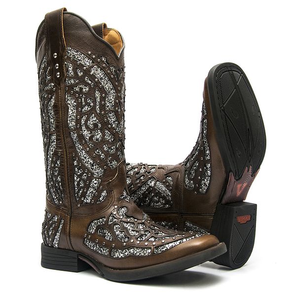 Bota Texana Feminina - Atlanta Brown / Glitter Preto com Prata - Roper - Bico Quadrado - Cano Longo - Solado Freedom Flex - Vimar Boots - 13119-F-VR