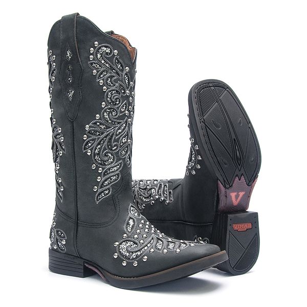 Bota Texana Feminina - Fóssil Preto / Glitter Preto com Prata - Roper - Bico Quadrado - Cano Longo - Solado Freedom Flex - Vimar Boots - 13136-B-VR