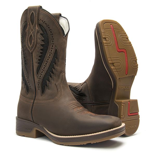 Bota Texana Masculina - Crazy Horse Café / Café / Airtek Preto - Roper - Bico Quadrado - Cano Médio - Solado Strong Shock - Vimar Boots - 81278-A-VR