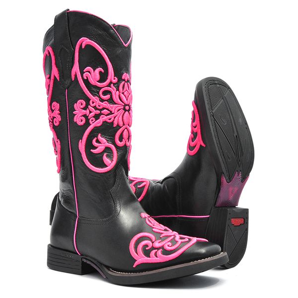 Bota Texana Feminina - Mustang Preto - Roper - Bico Quadrado - Cano Longo - Solado Freedom Flex - Vimar Boots - 13046-A-VR