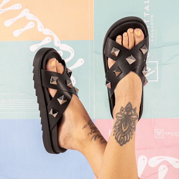 Sandália Birken Feminina em Couro Vittal Marina Preto Tiras Cruzadas com Sparkle - R0140Preto