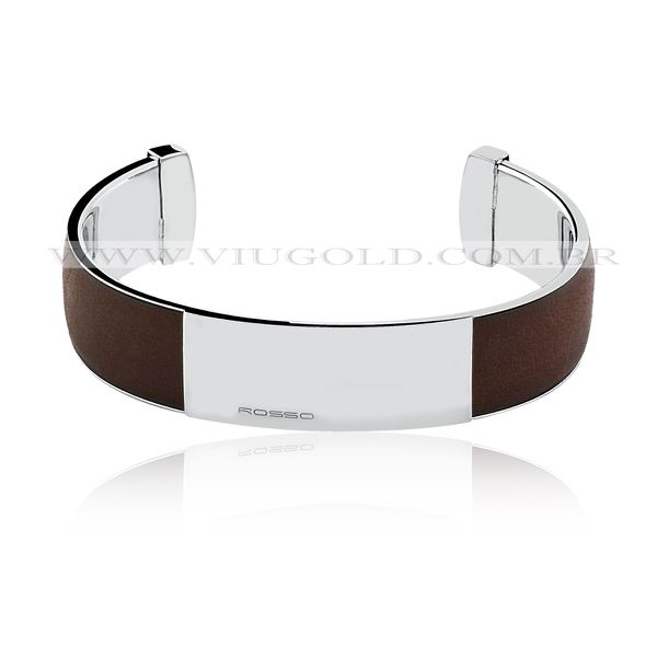 Bracelete masculino flexível Design Italiano de Aço com placa e couro marrom