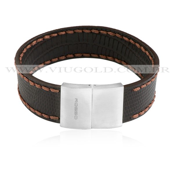 Pulseira masculina design Italiano de Couro marrom escuro com fecho em Aço