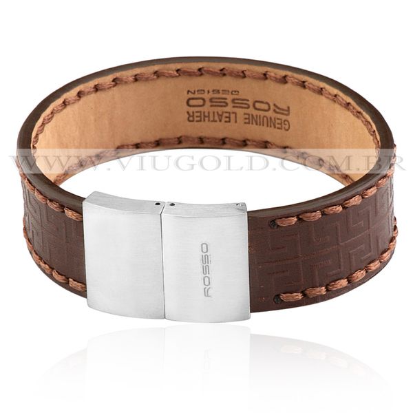 Pulseria masculina design Italiano de Couro marrom claro com feicho em aço