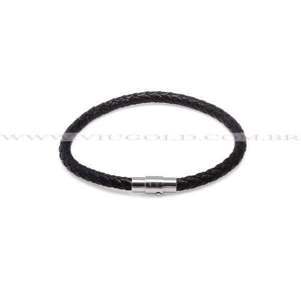 Pulseira design Italiano de Couro preto trançado e feicho em Aço