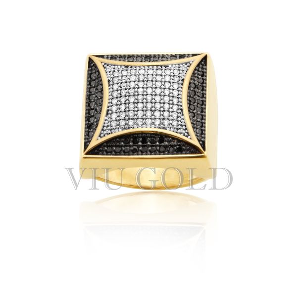 Anel em ouro 18k amarelo com Diamante branco e Diamante negro