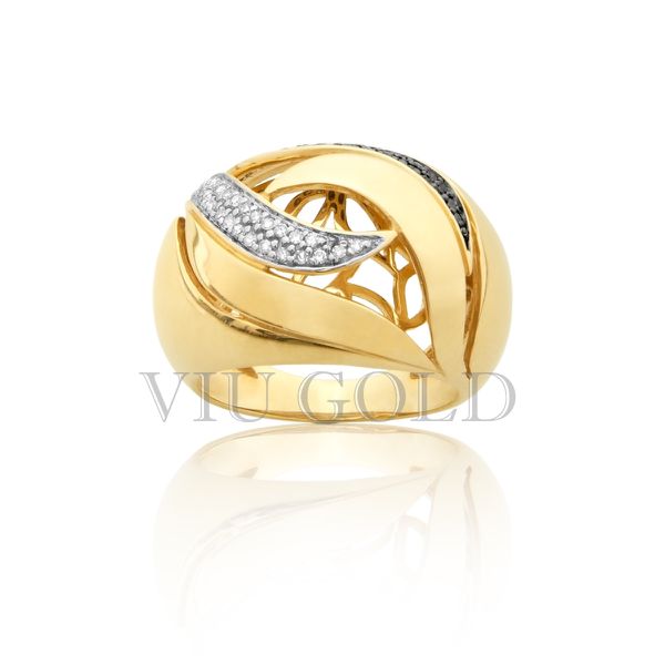 Anel em ouro 18k amarelo com Diamante branco e Diamante negro