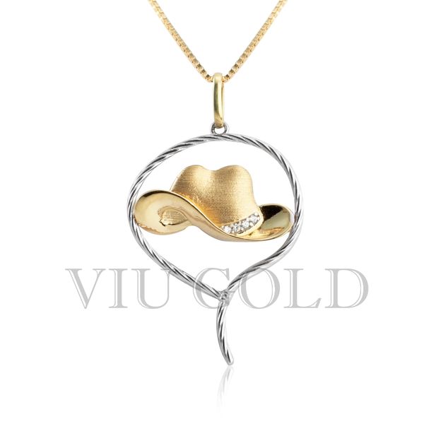 Pingente de Chapéu em Ouro 18k Amarelo e Branco com 4 Diamantes Sintéticos