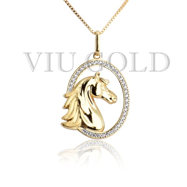 Pingente de Cavalo em Ouro 18k Amarelo com 35 Diamantes Sintéticos