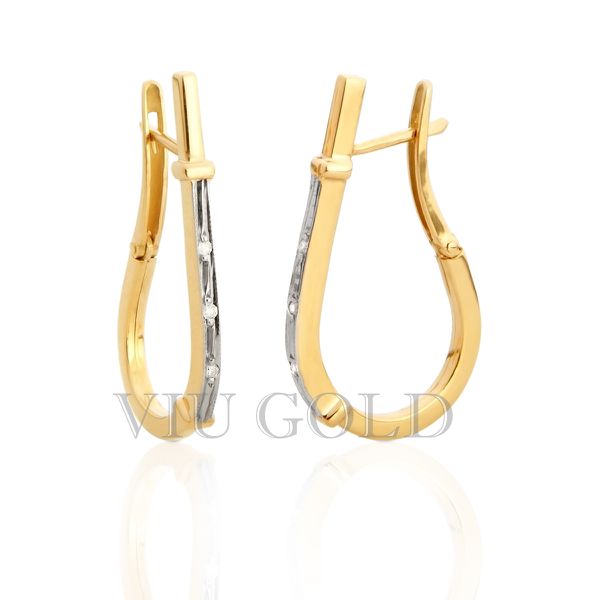 Brinco Anzol pequeno com Diamantes em ouro 18k amarelo e branco