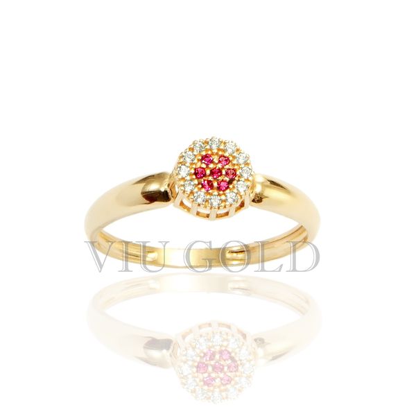 Anel em ouro 18k amarelo com Diamante sintético e Rubi sintético