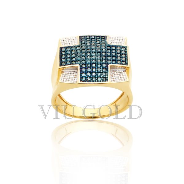 Anel em ouro 18k amarelo com Diamante azul e Diamante branco