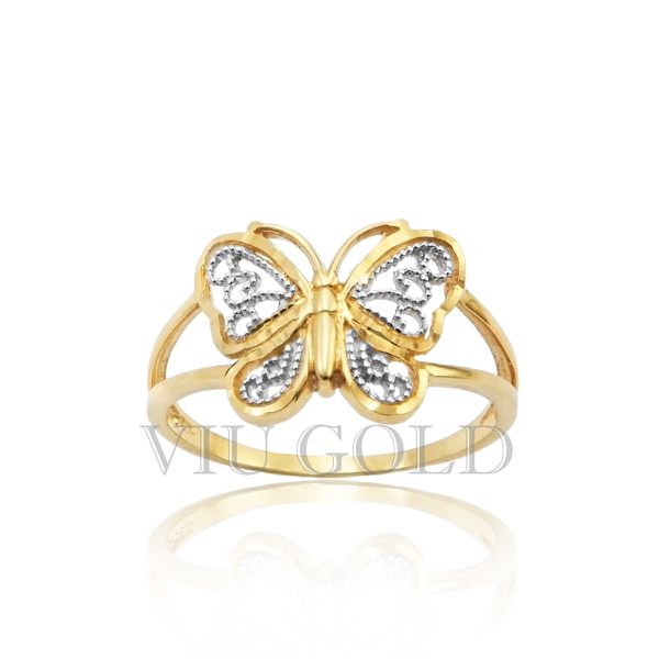 Anel aro duplo com borboleta em ouro 18k amarelo, e branco nos detalhes