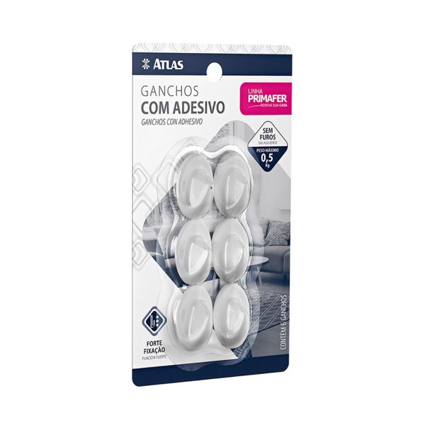 GANCHO PLASTICO BRANCO COM ADESIVO 6 PEÇAS - 2501 PRIMAFER