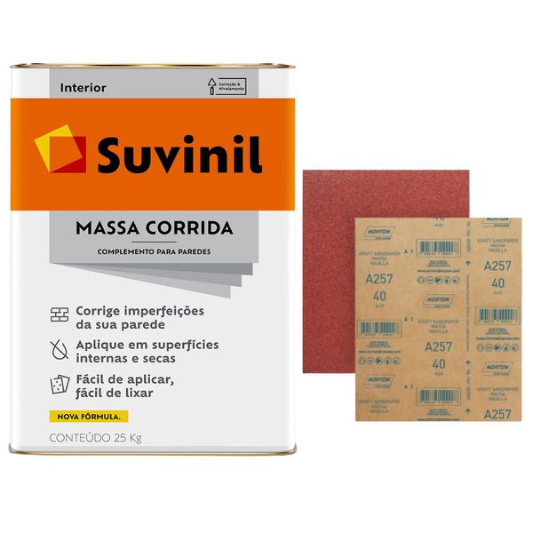 KIT MASSA CORRIDA 25KG +15 UNIDADES DE LIXA 150 PARA PAREDE