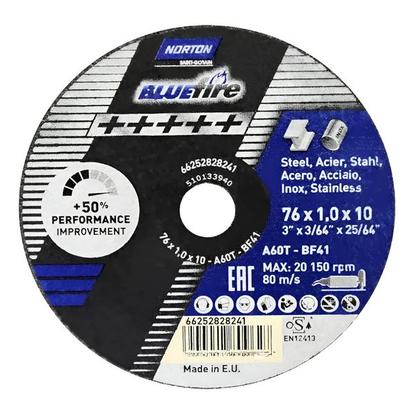 Disco Corte Norton 76mm A60T BlueFire Aço Inox e Metal