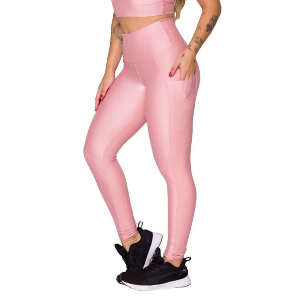 Calça Legging Fitness Canelada Com Bolso na Lateral - Rosa Bebê