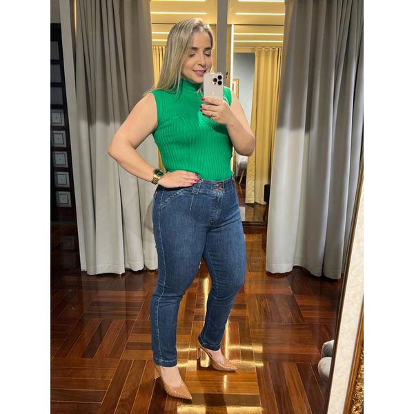 Calça Loopper Jeans Escuro Feminina Capri Bolso Faca