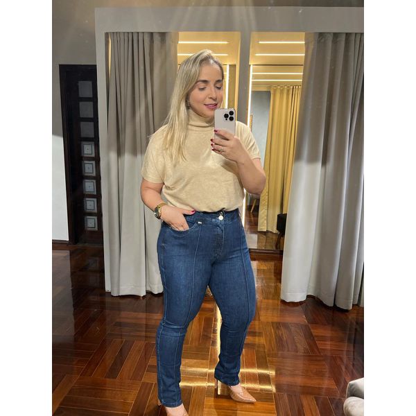Calça Loopper Jeans Escuro Feminina Capri Friso Frontal