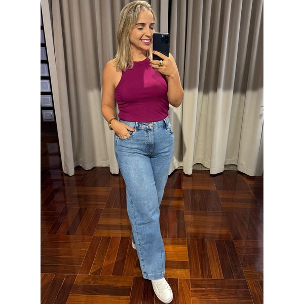 Calça Loopper Feminina Jeans Claro Wideleg Media