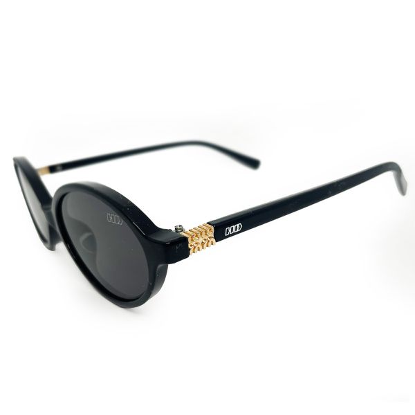 Óculos de sol HD com armação preta, hastes pretas com detalhe dourado e lentes fume com proteção UV