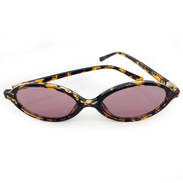 Óculos de sol HD com armação animal print, hastes com detalhe dourado e lentes rose com proteção UV