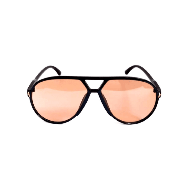 Óculos de sol HD Charlie Chestnut com armação em preta, detalhe dourado na haste, lentes laranjas e proteção UV