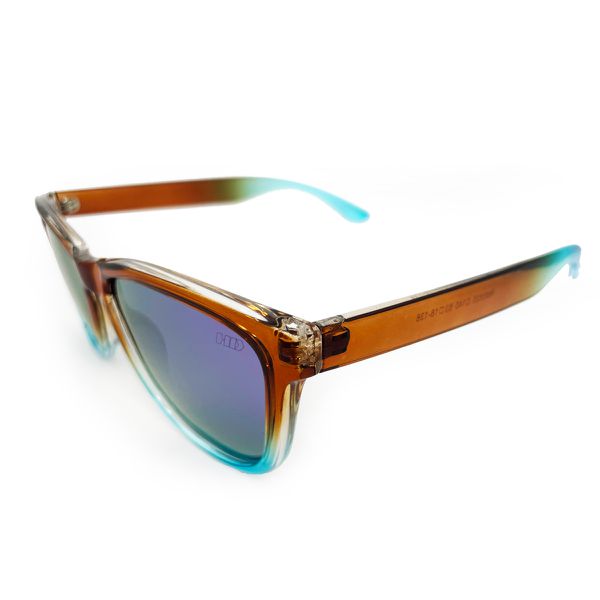 Óculos de Sol MULTI HD com armação em acetato degrade marrom e azul, com lentes na cor roxa