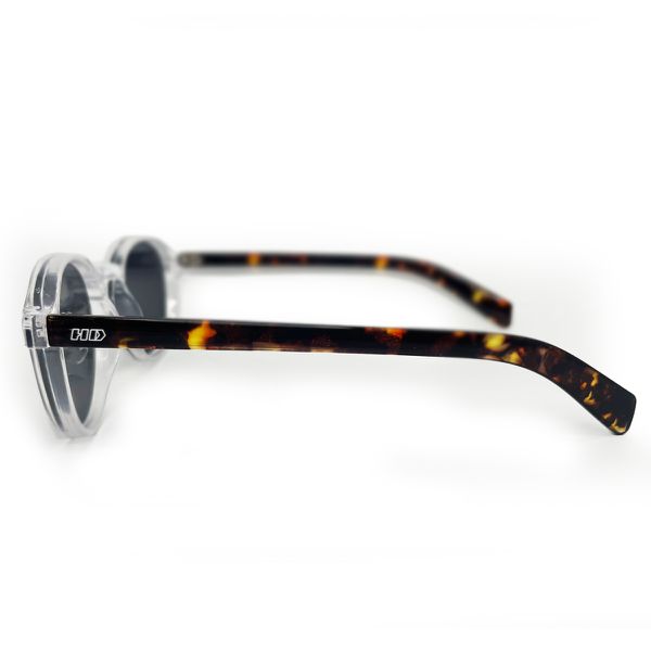 Óculos de sol HD Round Hastap com armação transparente e hastes animal print e lentes com proteção UV