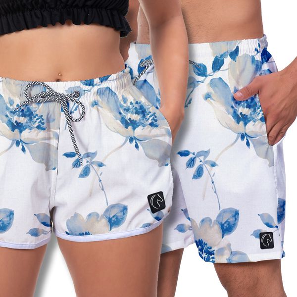 Kit Short Casal Masculino Feminino Flores Azuis