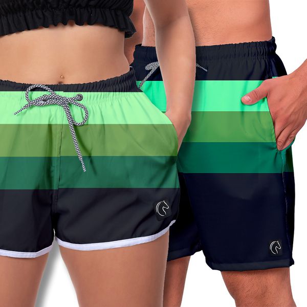 Kit Short Casal Masculino Feminino Listrado Verde e Preto