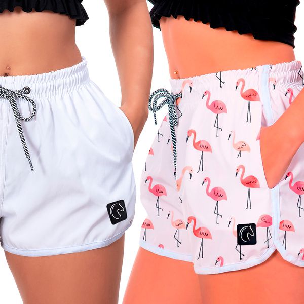 Kit 2 Shorts Feminino Branco e Flamingos Moda Praia ou Academia W2 Premium